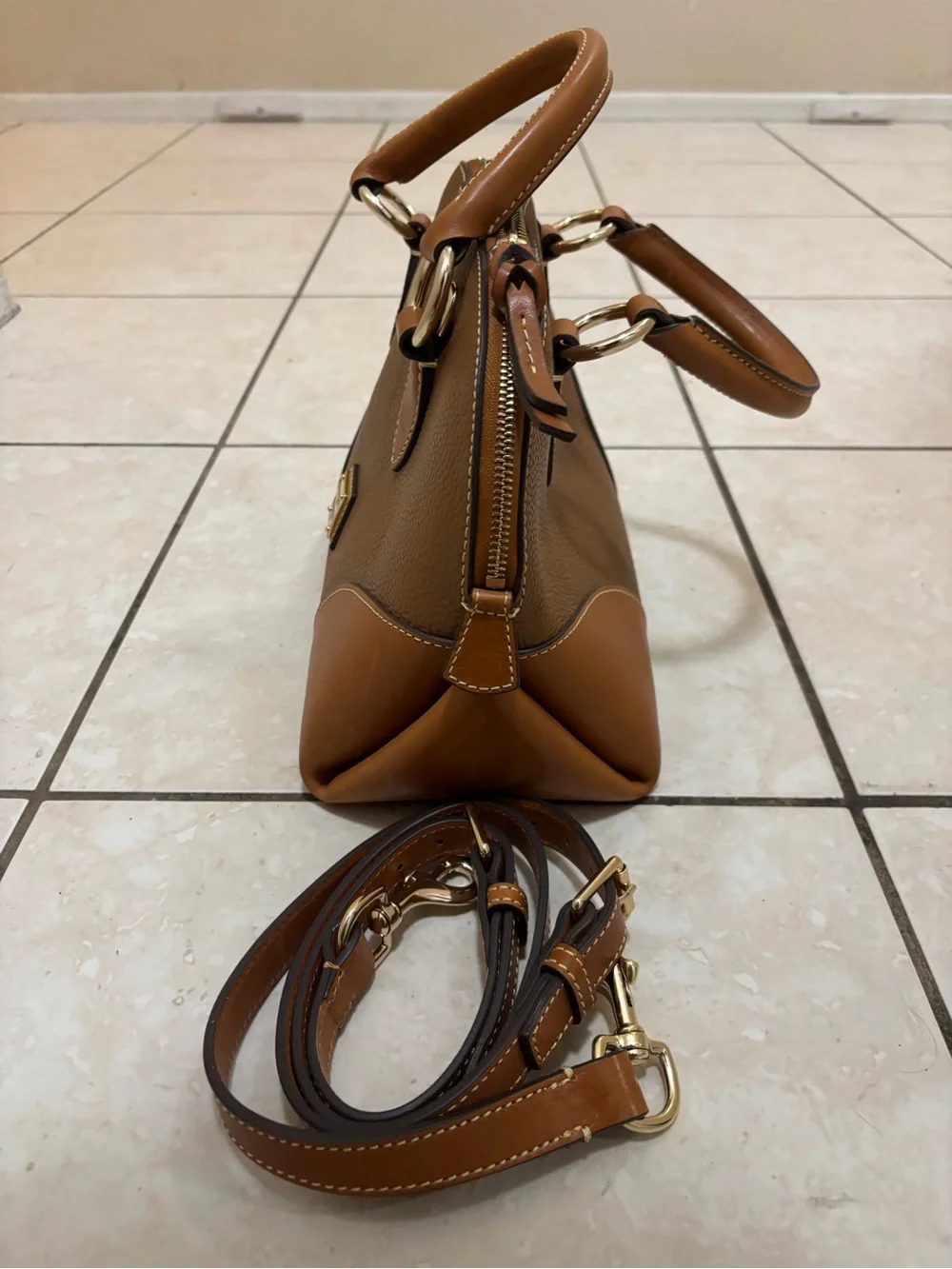 Dooney & Bourke Tan Brown Pebble Leather Satchel with Gold Hardware